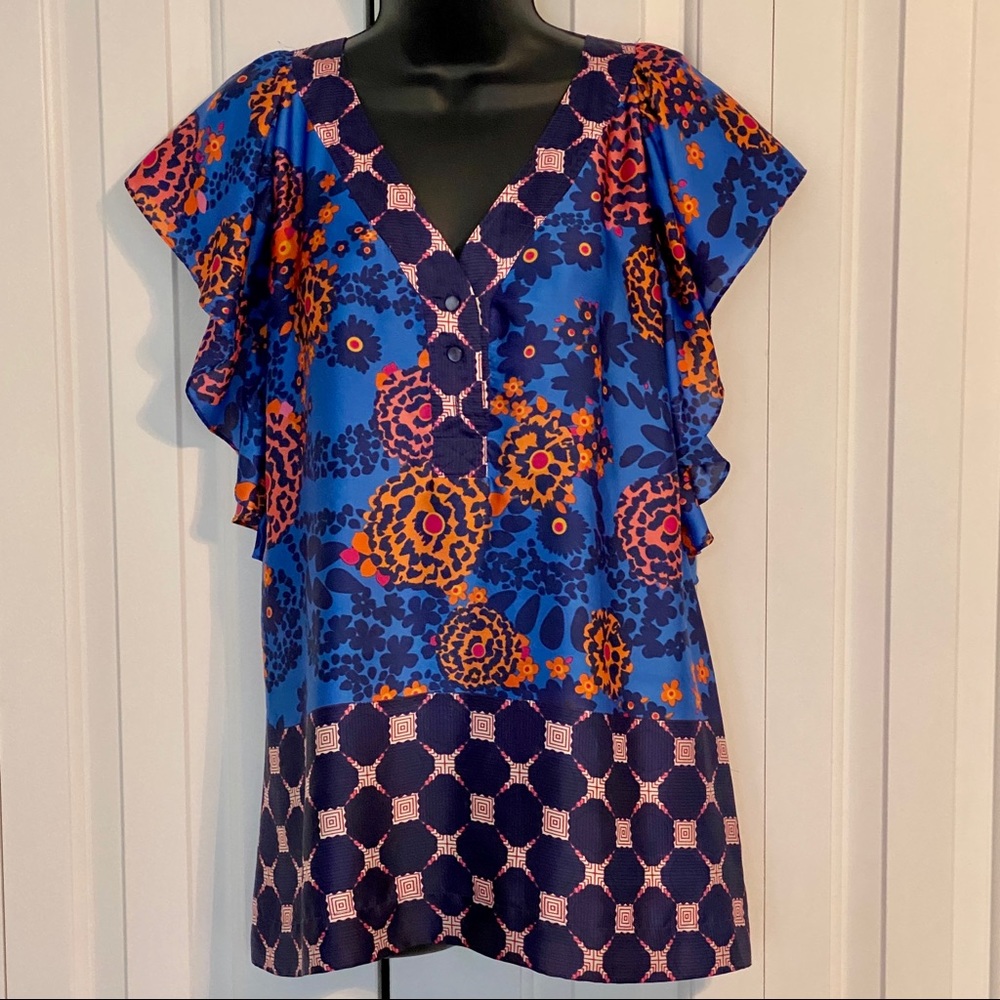 Anthropologie Fei Striking Bold Print Silky Blouse with Flutter Detailing, L